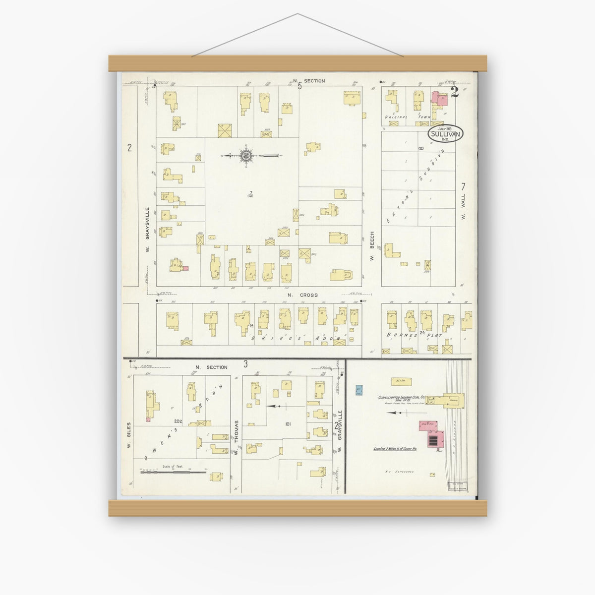 Old map wall art mockup — magnetic wood frame on white wall — Sanborn Fire Insurance Map from Sullivan, Sullivan County, Indiana (1913), Sheet #0002