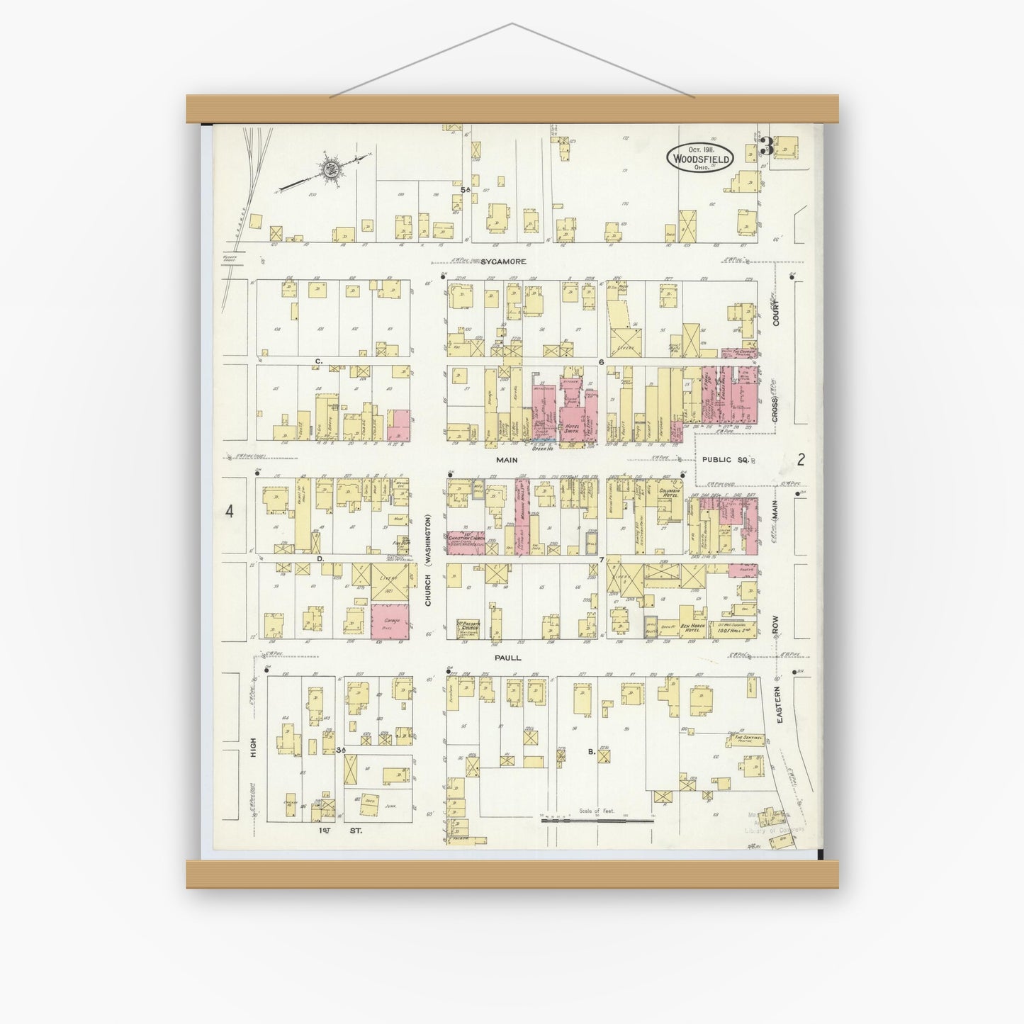 Old map wall art mockup — magnetic wood frame on white wall — Sanborn Fire Insurance Map from Woodsfield, Monroe County, Ohio (1911), Sheet #0003