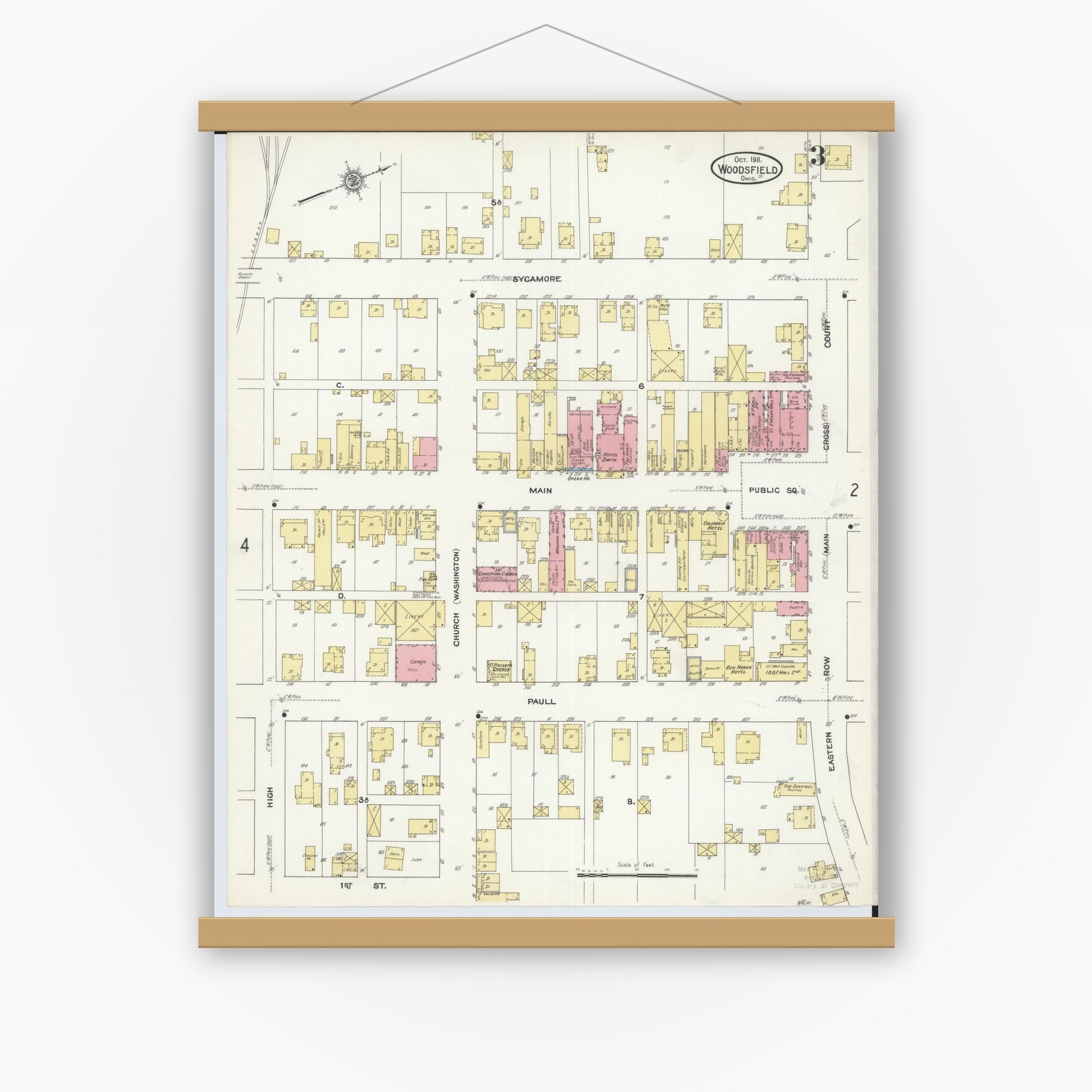 Old map wall art mockup — magnetic wood frame on white wall — Sanborn Fire Insurance Map from Woodsfield, Monroe County, Ohio (1911), Sheet #0003