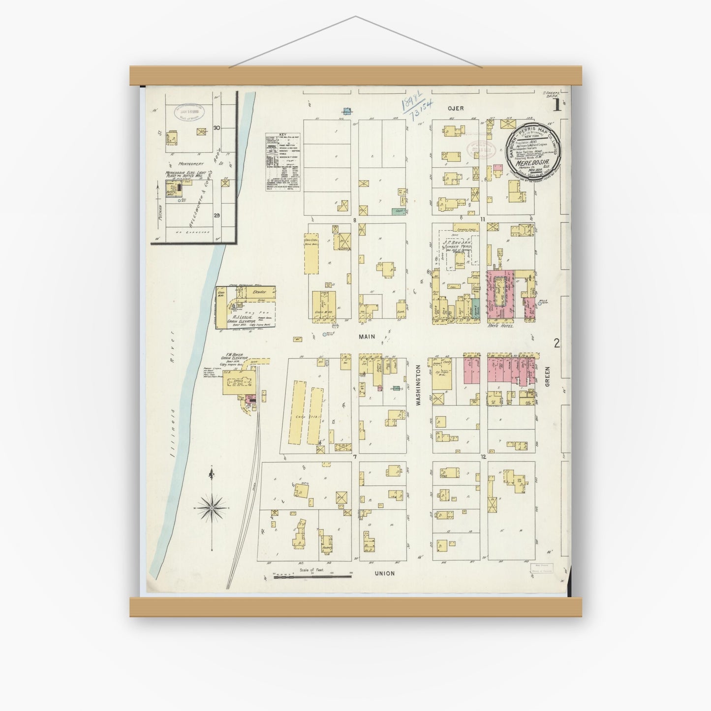 Old map wall art mockup — magnetic wood frame on white wall — Sanborn Fire Insurance Map from Meredosia, Morgan County, Illinois (1898), Sheet #0001