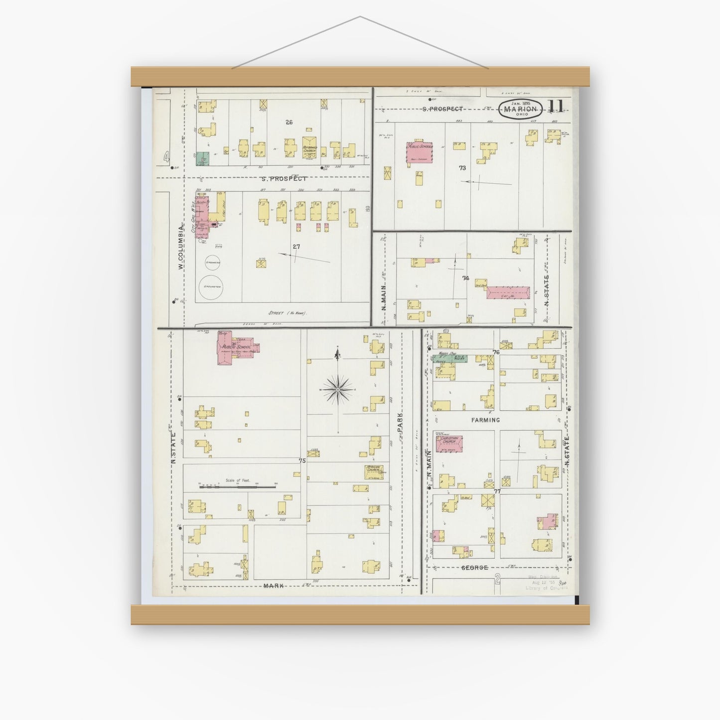 Old map wall art mockup — magnetic wood frame on white wall — Sanborn Fire Insurance Map from Marion, Marion County, Ohio (1895), Sheet #0011
