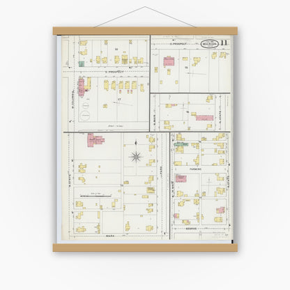 Old map wall art mockup — magnetic wood frame on white wall — Sanborn Fire Insurance Map from Marion, Marion County, Ohio (1895), Sheet #0011