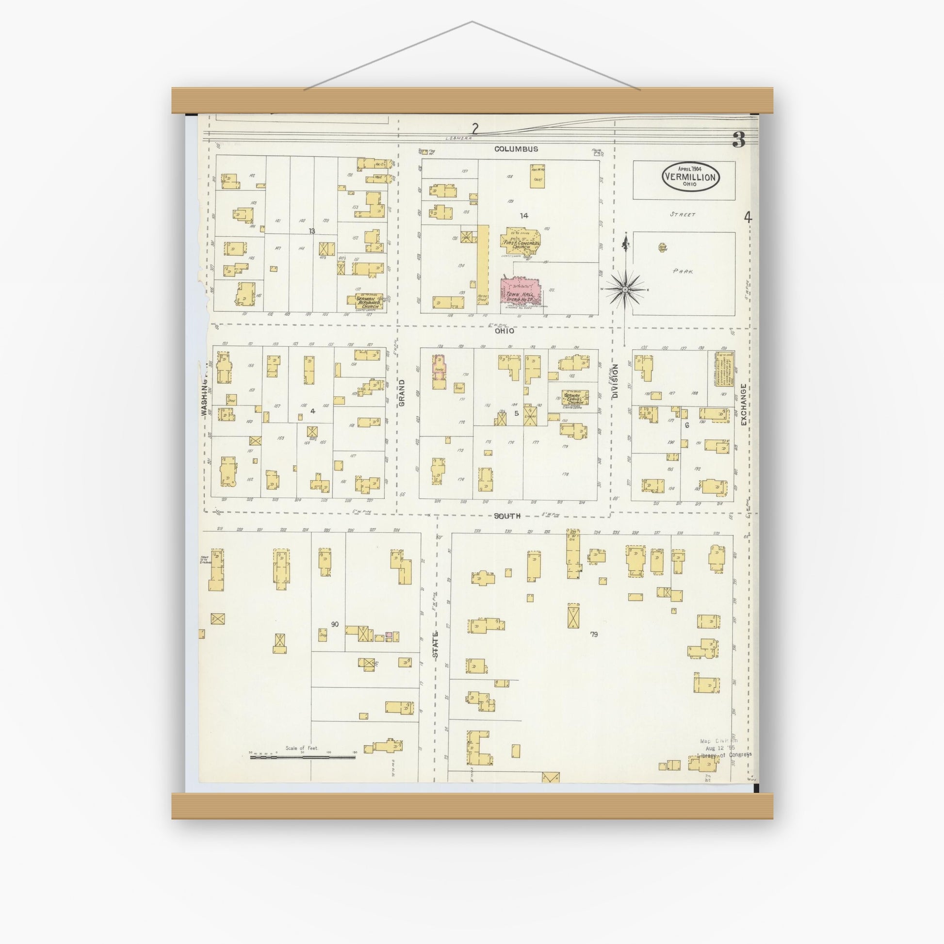 Old map wall art mockup — magnetic wood frame on white wall — Sanborn Fire Insurance Map from Vermillion, Erie County, Ohio (1904), Sheet #0003