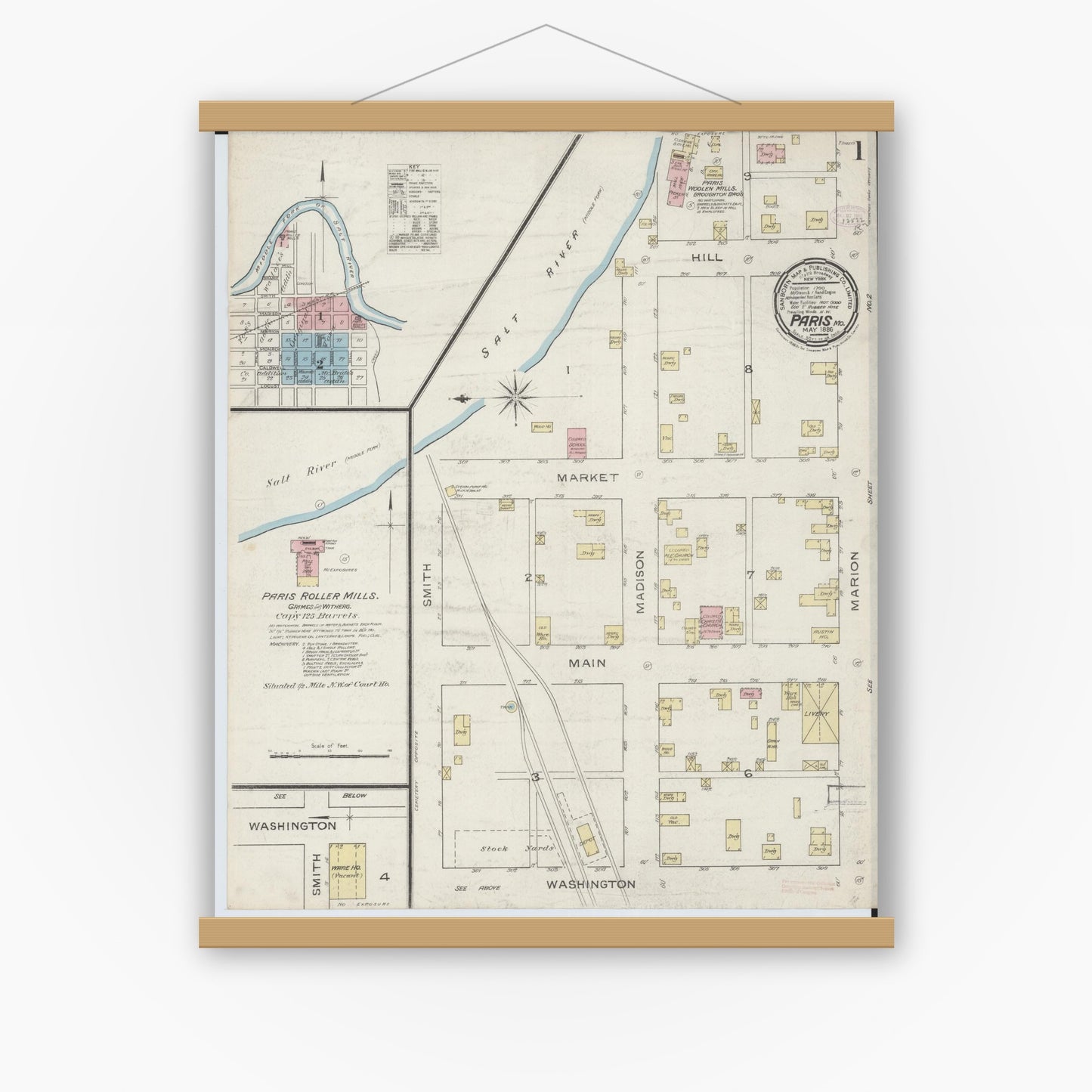 Old map wall art mockup — magnetic wood frame on white wall — Sanborn Fire Insurance Map from Paris, Monroe County, Missouri (1886) - Complete Map Set