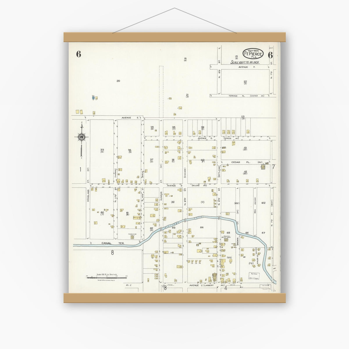 Old map wall art mockup — magnetic wood frame on white wall — Sanborn Fire Insurance Map from Fort Pierce, St Lucie County, Florida (1924), Sheet #0006