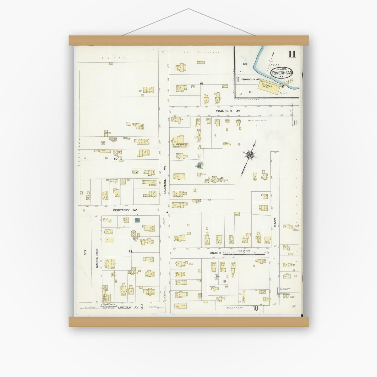 Old map wall art mockup — magnetic wood frame on white wall — Sanborn Fire Insurance Map from Riverhead, Suffolk County, New York (1909), Sheet #0011