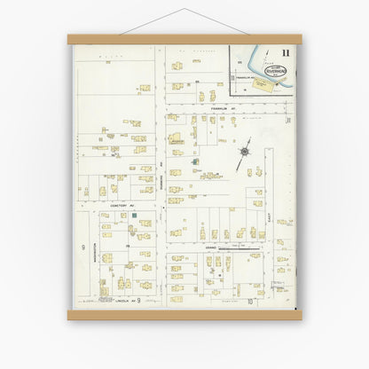 Old map wall art mockup — magnetic wood frame on white wall — Sanborn Fire Insurance Map from Riverhead, Suffolk County, New York (1909), Sheet #0011
