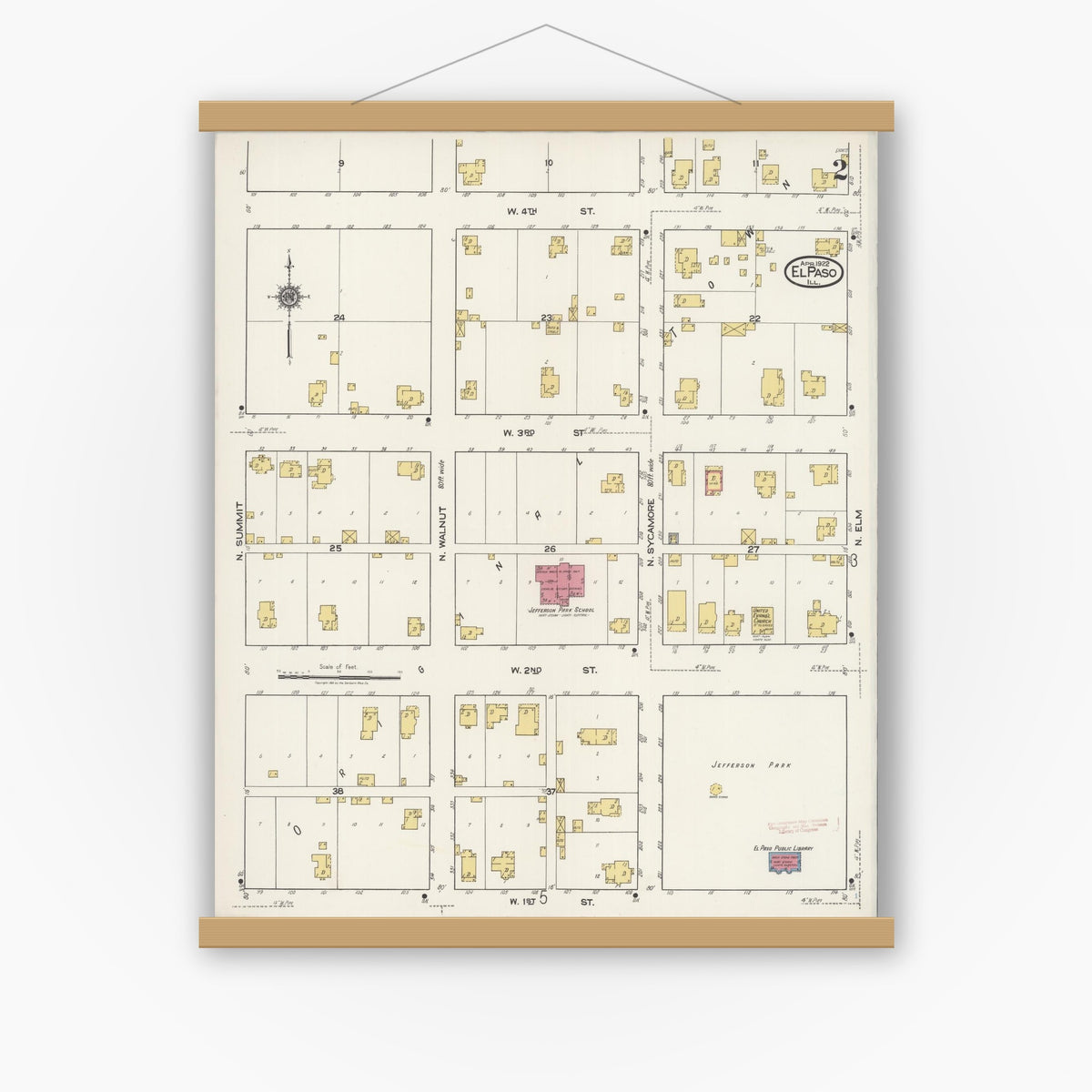 Old map wall art mockup — magnetic wood frame on white wall — Sanborn Fire Insurance Map from El Paso, Woodford County, Illinois (1922), Sheet #0002