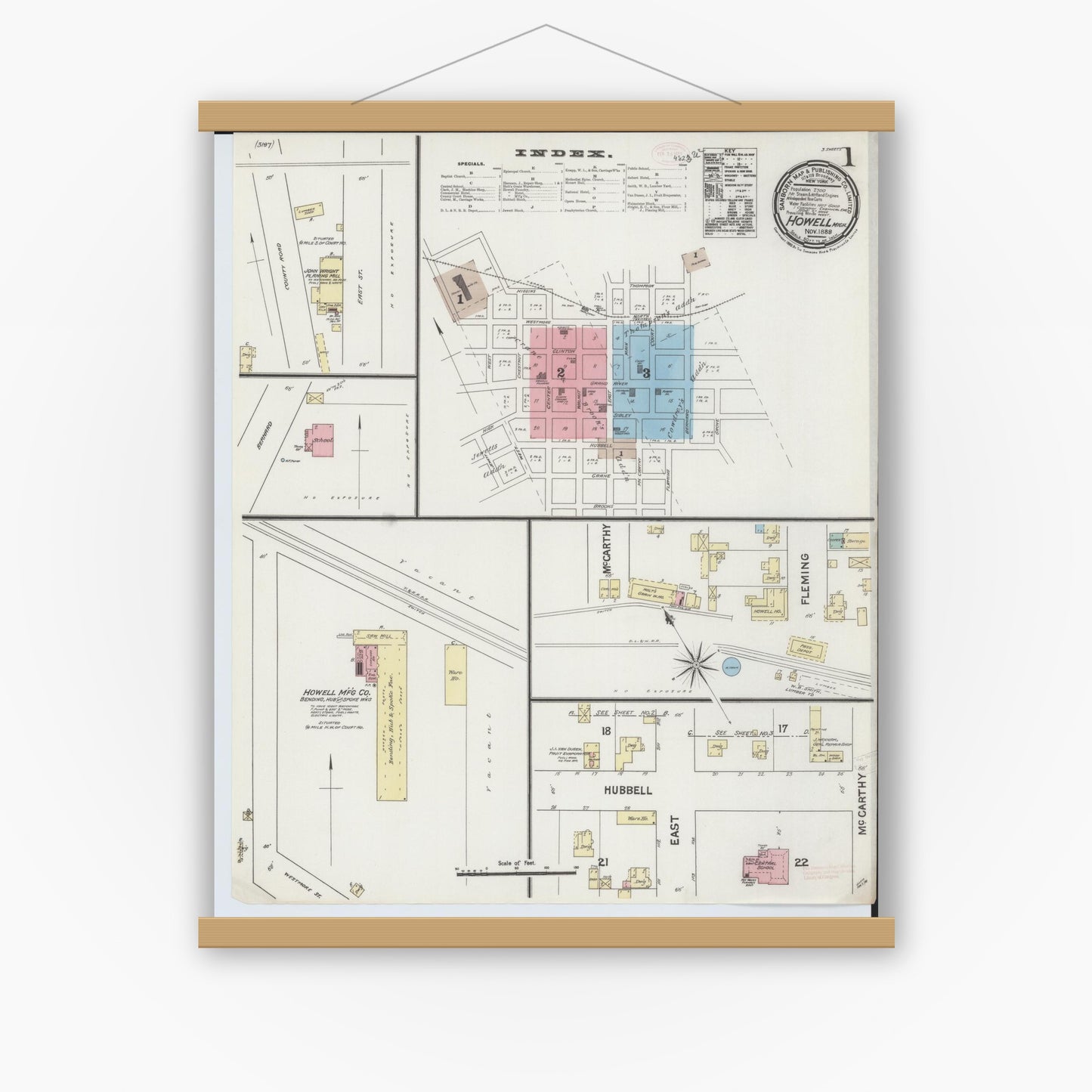 Old map wall art mockup — magnetic wood frame on white wall — Sanborn Fire Insurance Map from Howell, Livingston County, Michigan (1888), Sheet #0001