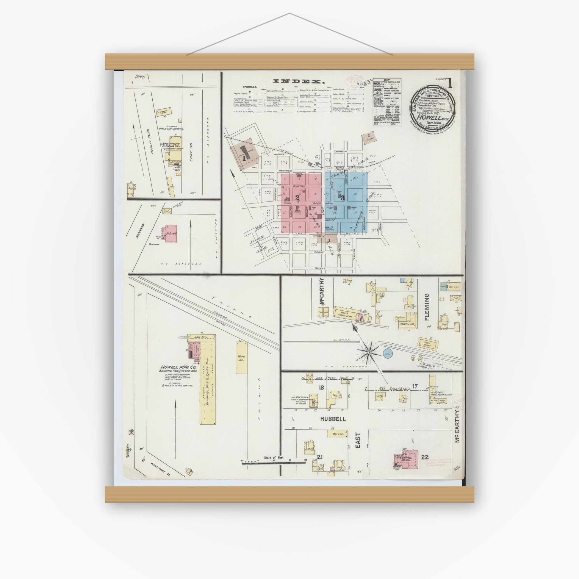 Old map wall art mockup — magnetic wood frame on white wall — Sanborn Fire Insurance Map from Howell, Livingston County, Michigan (1888), Sheet #0001