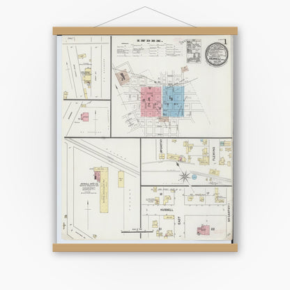 Old map wall art mockup — magnetic wood frame on white wall — Sanborn Fire Insurance Map from Howell, Livingston County, Michigan (1888), Sheet #0001