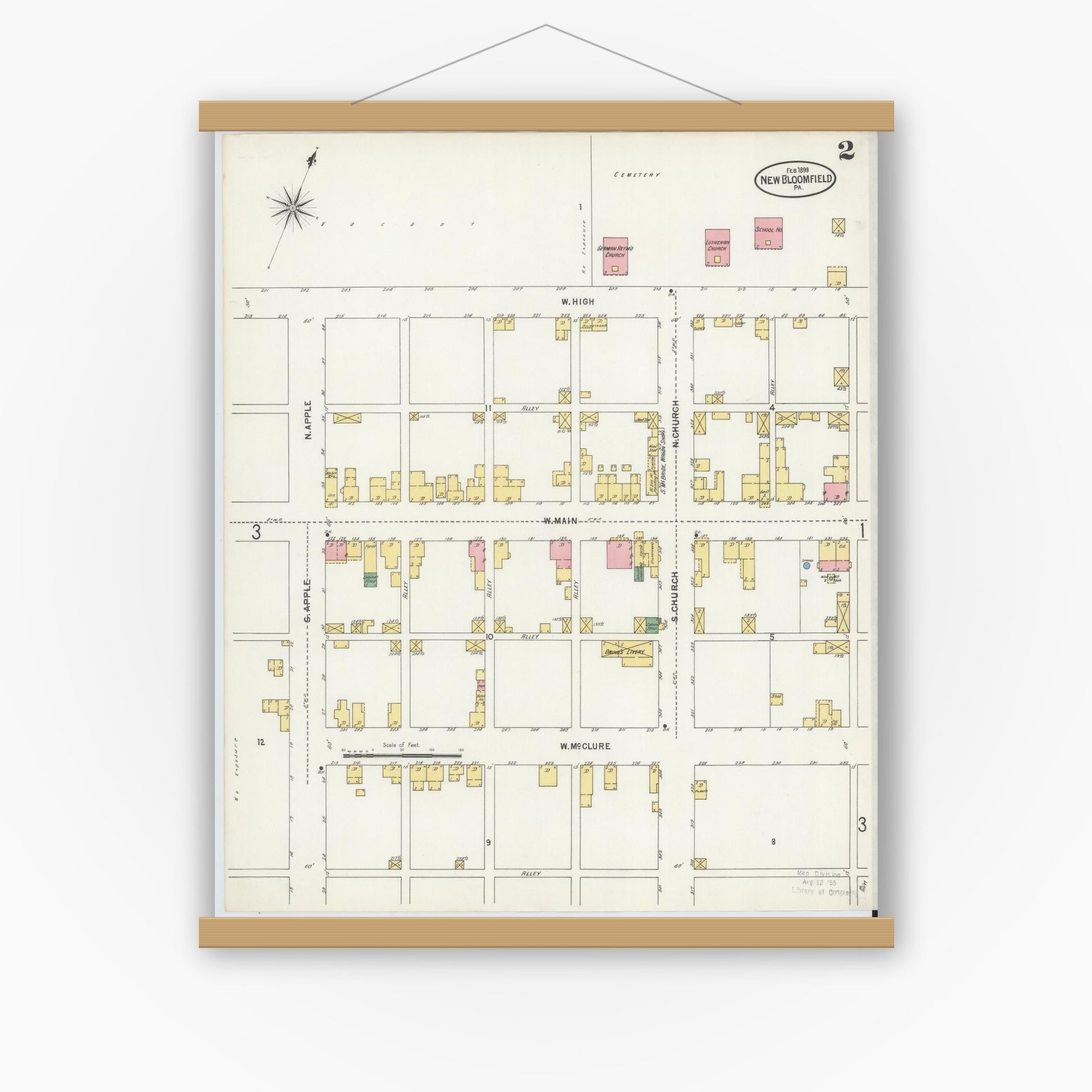 Old map wall art mockup — magnetic wood frame on white wall — Sanborn Fire Insurance Map from New Bloomfield, Perry County, Pennsylvania (1899), Sheet #0002