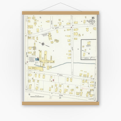 Old map wall art mockup — magnetic wood frame on white wall — Sanborn Fire Insurance Map from Webster, Worcester County, Massachusetts (1911), Sheet #0016