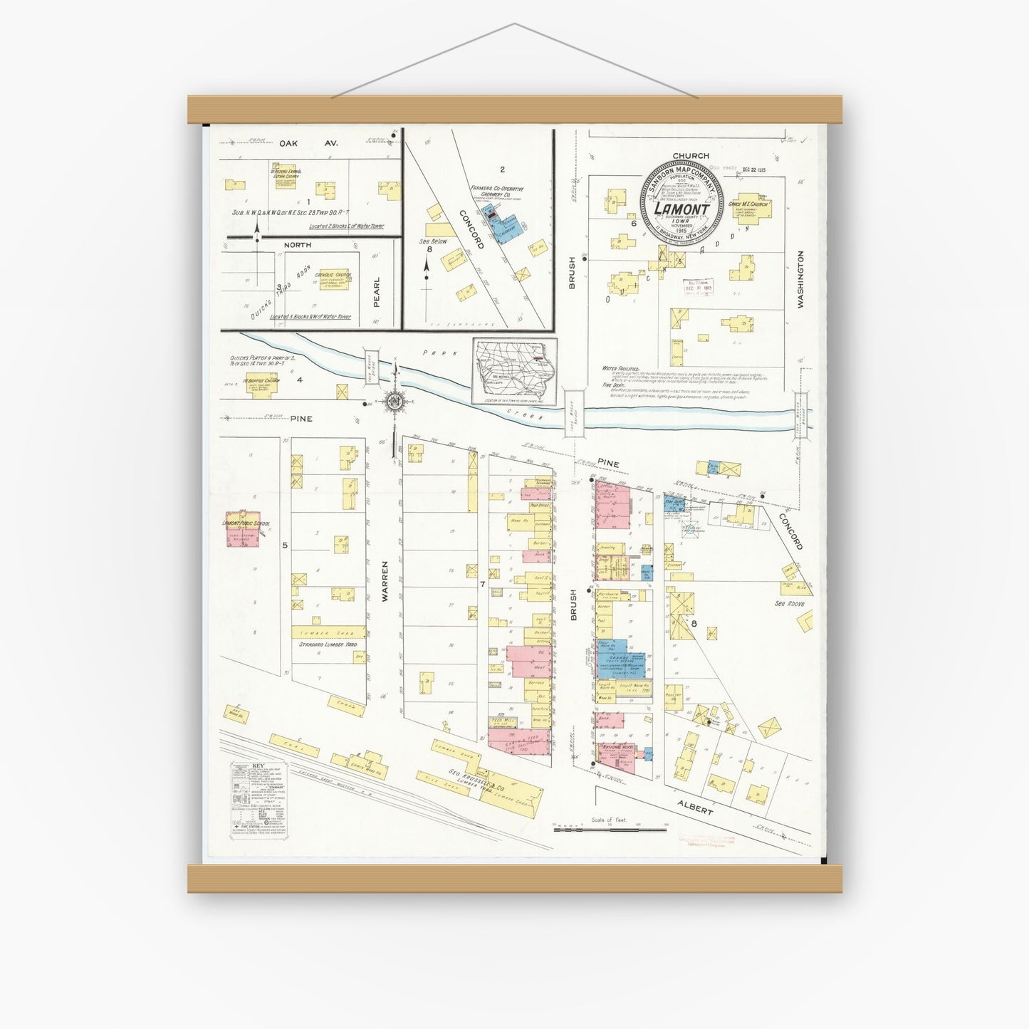 Old map wall art mockup — magnetic wood frame on white wall — Sanborn Fire Insurance Map from Lamont, Buchanan County, Iowa (1915), Sheet #0001