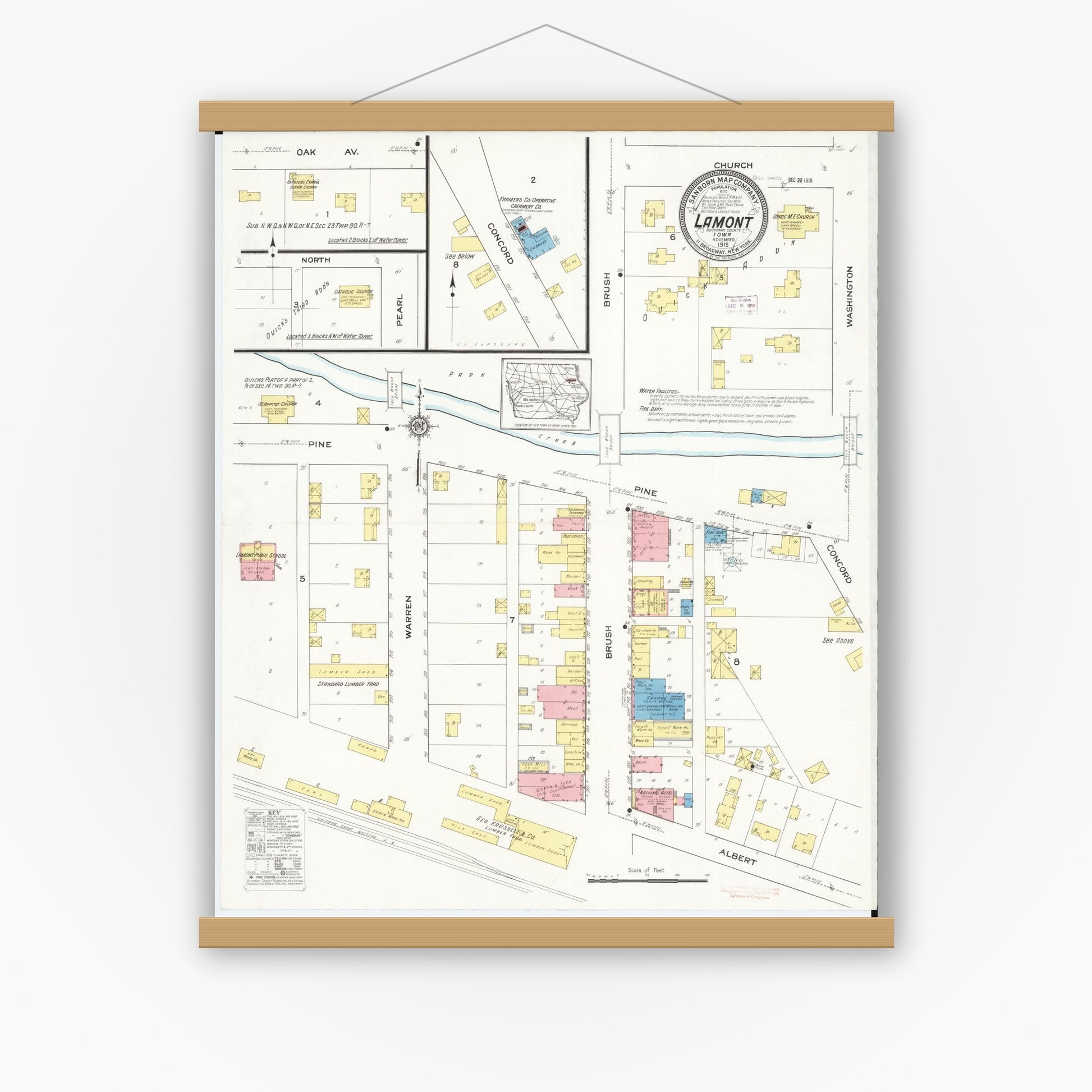 Old map wall art mockup — magnetic wood frame on white wall — Sanborn Fire Insurance Map from Lamont, Buchanan County, Iowa (1915), Sheet #0001