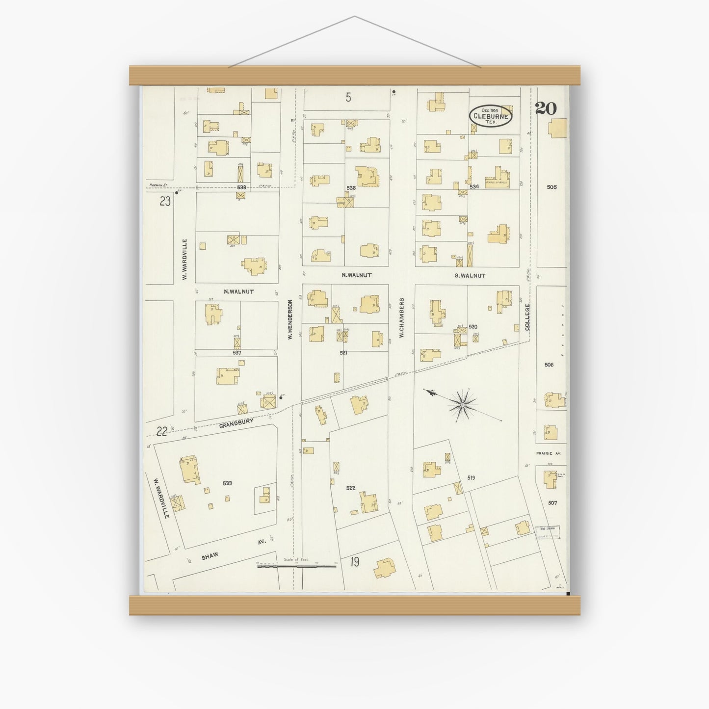 Old map wall art mockup — magnetic wood frame on white wall — Sanborn Fire Insurance Map from Cleburne, Johnson County, Texas (1904), Sheet #0020