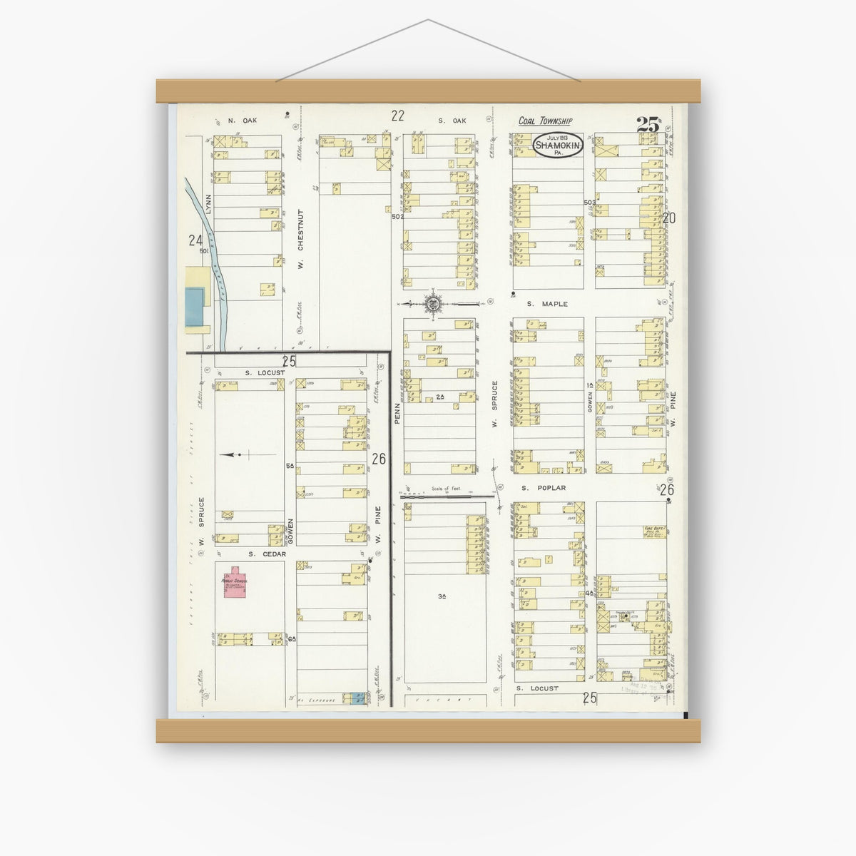 Old map wall art mockup — magnetic wood frame on white wall — Sanborn Fire Insurance Map from Shamokin, Northumberland County, Pennsylvania (1913), Sheet #0025