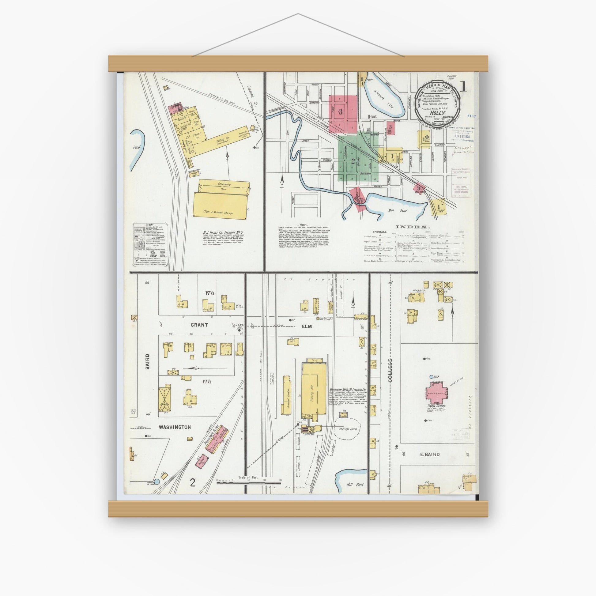 Old map wall art mockup — magnetic wood frame on white wall — Sanborn Fire Insurance Map from Holly, Oakland County, Michigan (1900) - Complete Map Set
