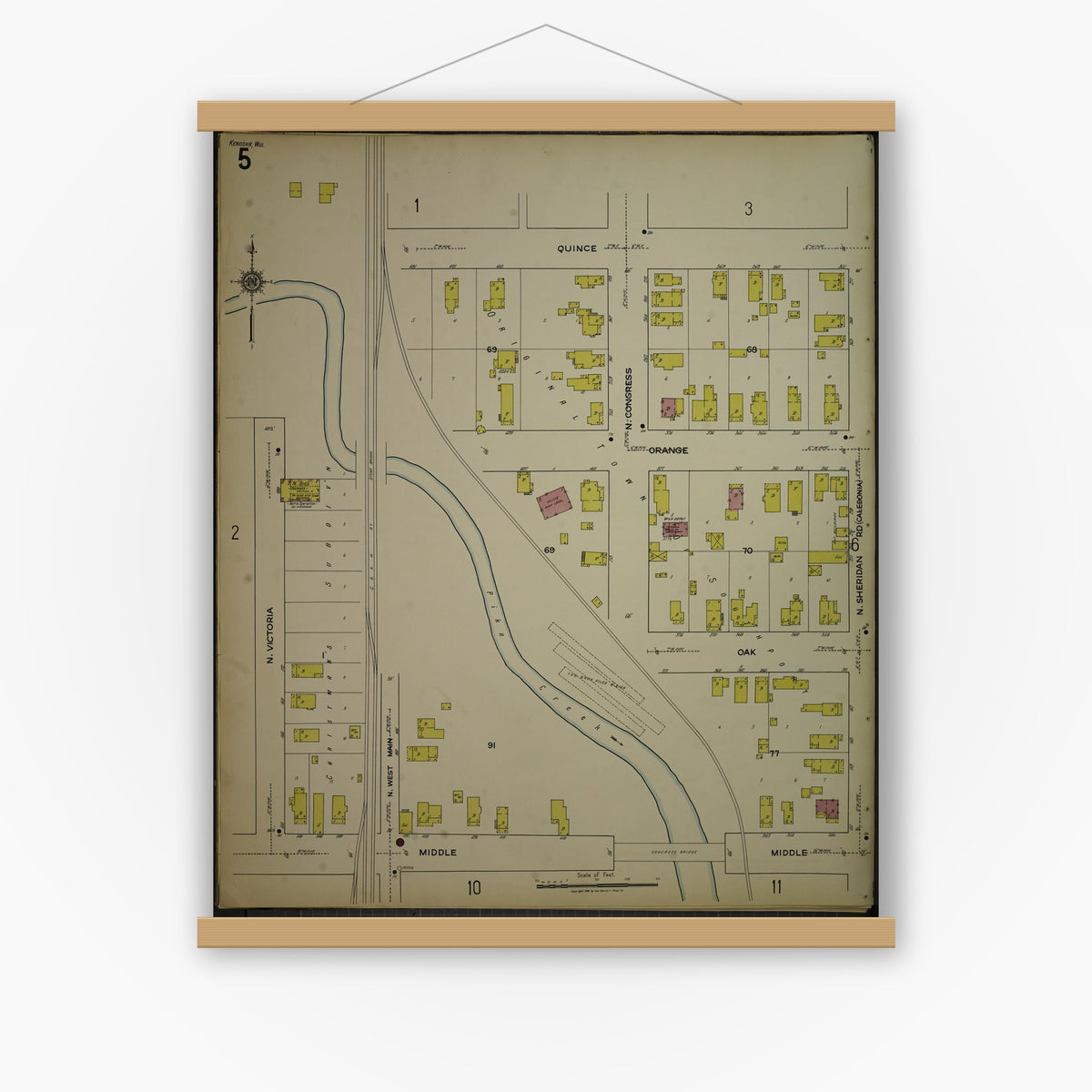 Old map wall art mockup — magnetic wood frame on white wall — Sanborn Fire Insurance Map from Kenosha, Kenosha County, Wisconsin. (1918), Sheet 9
