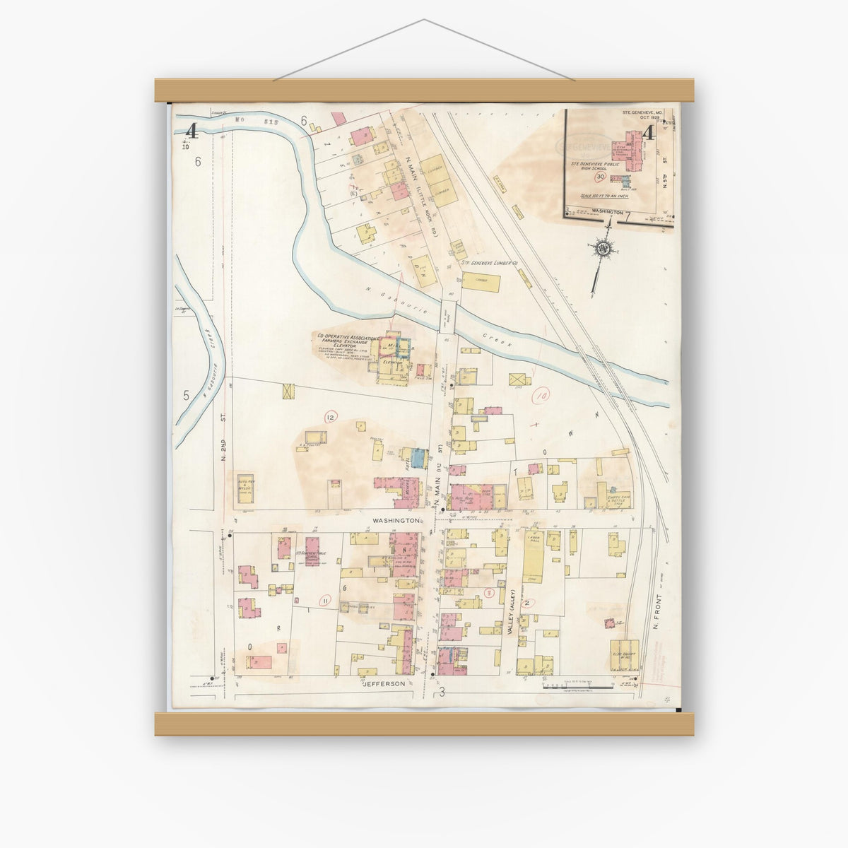 Old map wall art mockup — magnetic wood frame on white wall — Sanborn Fire Insurance Map from Sainte Genevieve, Saint Genevieve County, Missouri (1945), Sheet #0004