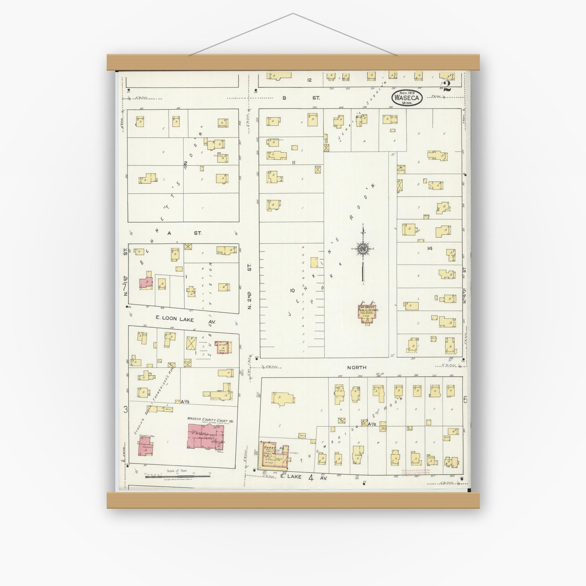 Old map wall art mockup — magnetic wood frame on white wall — Sanborn Fire Insurance Map from Waseca, Waseca County, Minnesota (1919), Sheet #0002