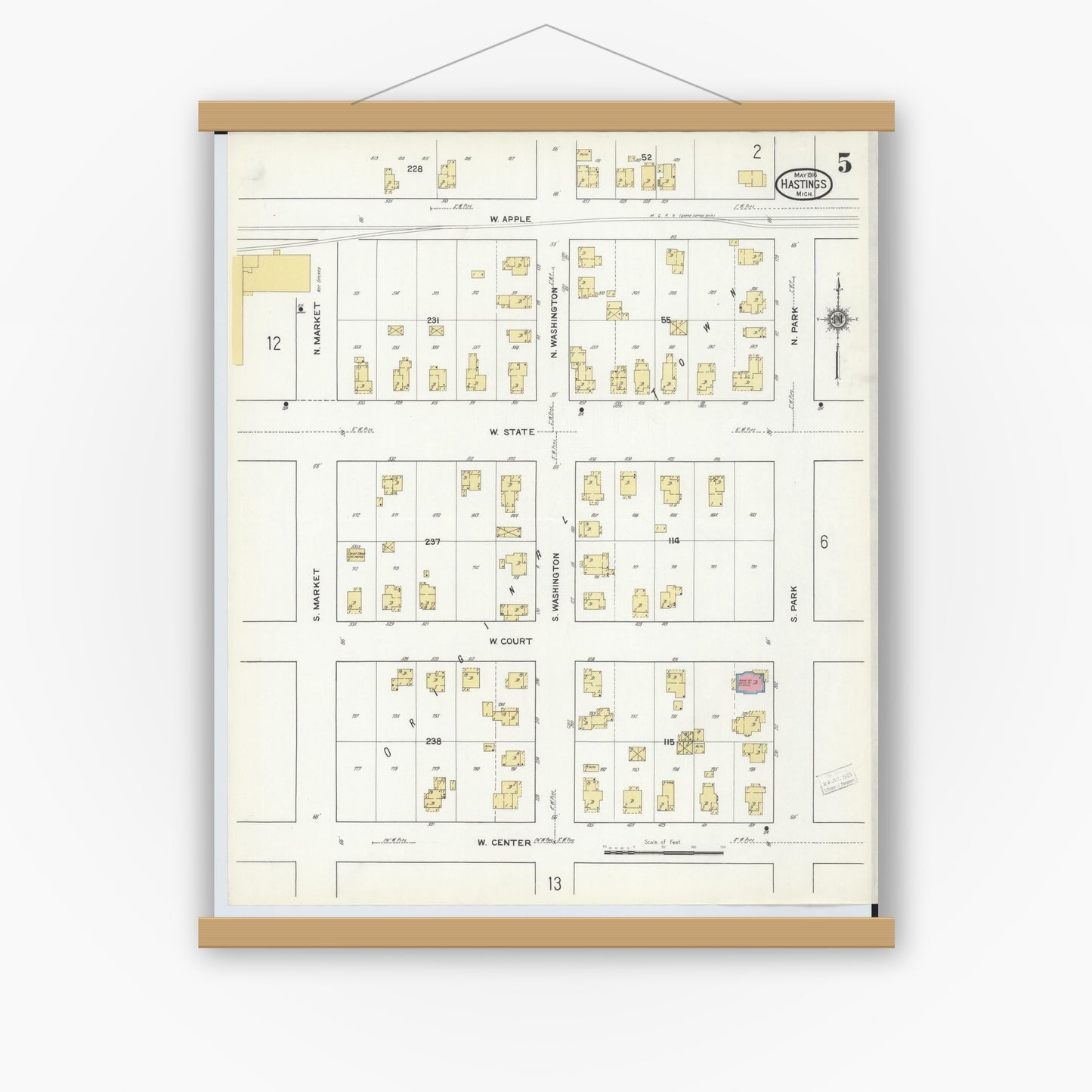 Old map wall art mockup — magnetic wood frame on white wall — Sanborn Fire Insurance Map from Hastings, Barry County, Michigan (1916), Sheet #0005