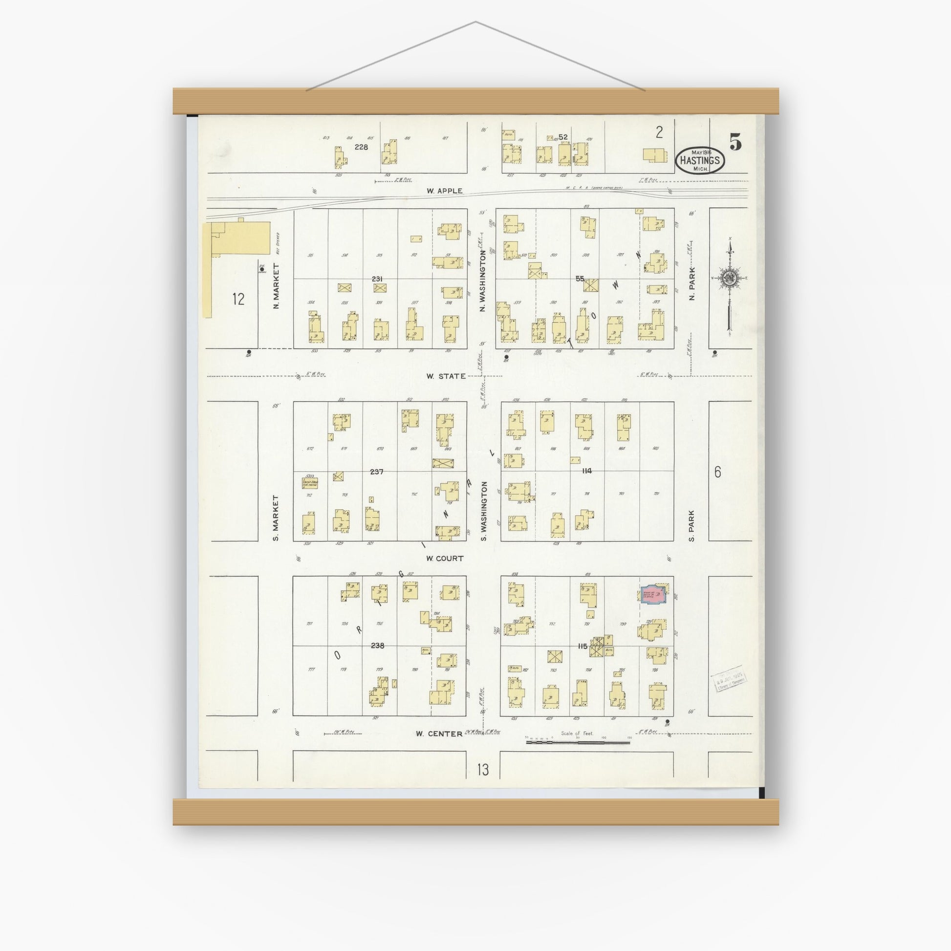 Old map wall art mockup — magnetic wood frame on white wall — Sanborn Fire Insurance Map from Hastings, Barry County, Michigan (1916), Sheet #0005