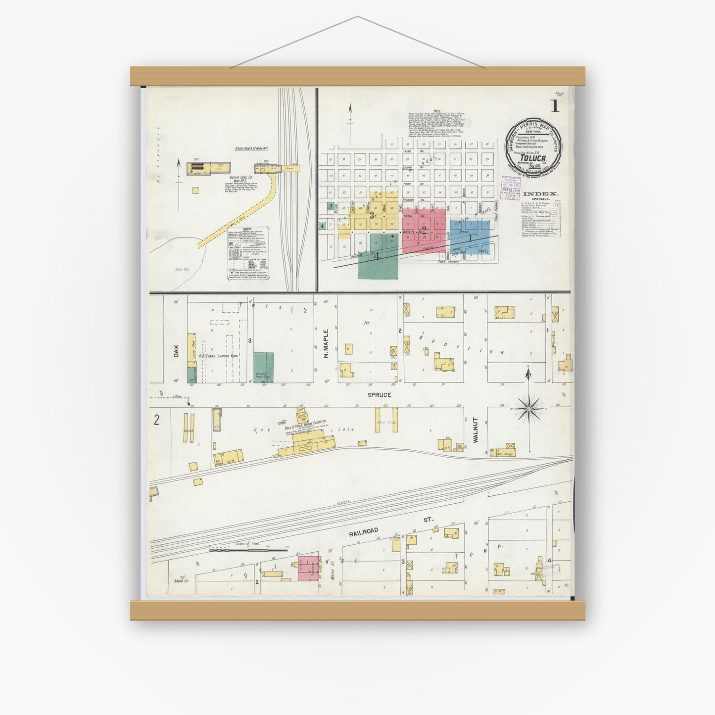 Old map wall art mockup — magnetic wood frame on white wall — Sanborn Fire Insurance Map from Toluca, Marshall County, Illinois (1901) - Complete Map Set