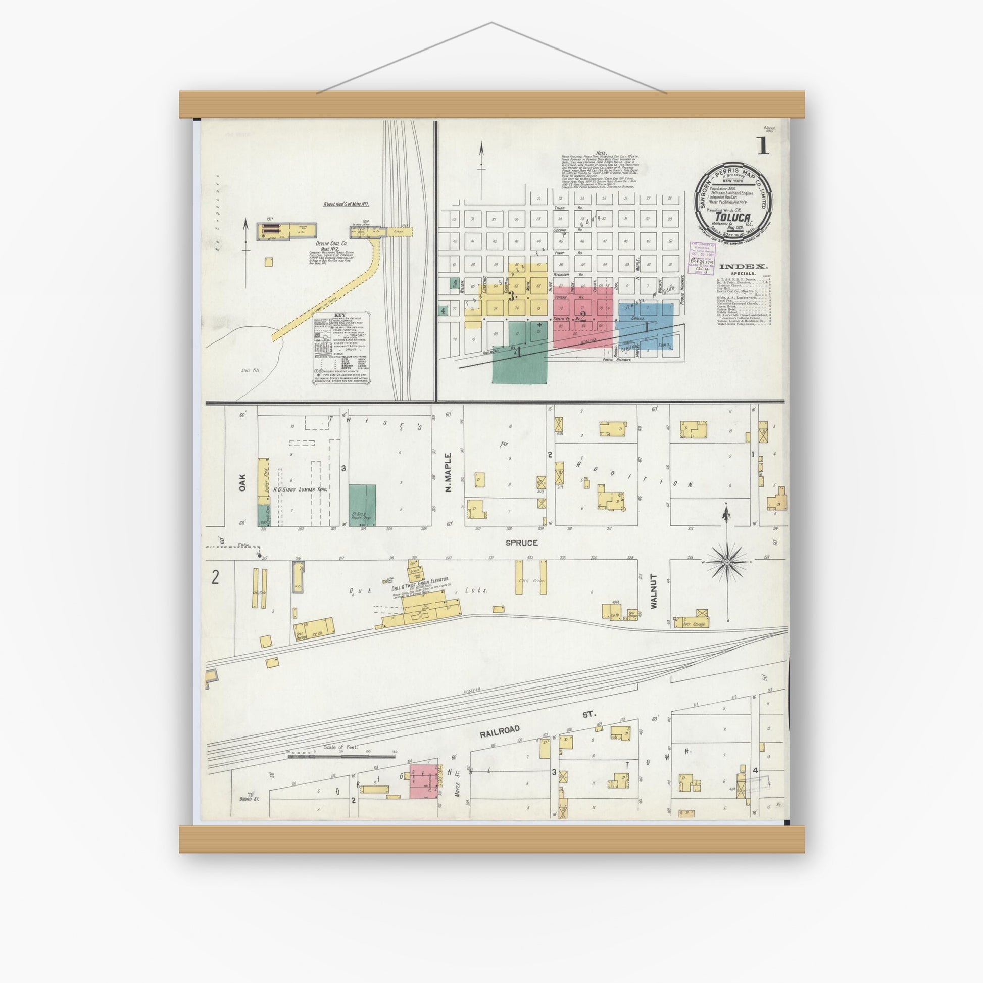 Old map wall art mockup — magnetic wood frame on white wall — Sanborn Fire Insurance Map from Toluca, Marshall County, Illinois (1901) - Complete Map Set