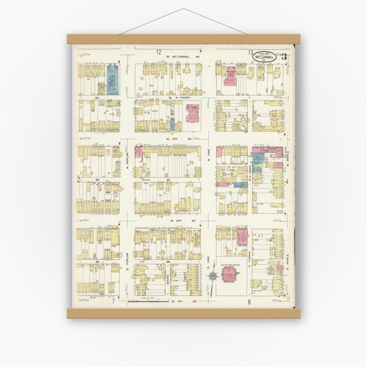 Old map wall art mockup — magnetic wood frame on white wall — Sanborn Fire Insurance Map from Mount Carmel, Northumberland County, Pennsylvania (1913), Sheet #0003