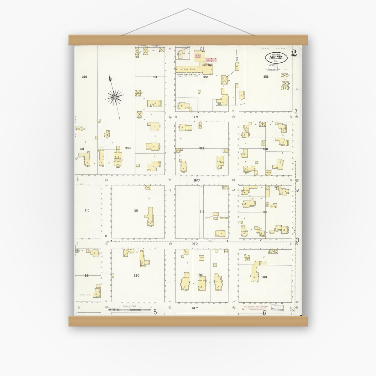Old map wall art mockup — magnetic wood frame on white wall — Sanborn Fire Insurance Map from Arcata, Humboldt County, California (1908), Sheet #0002