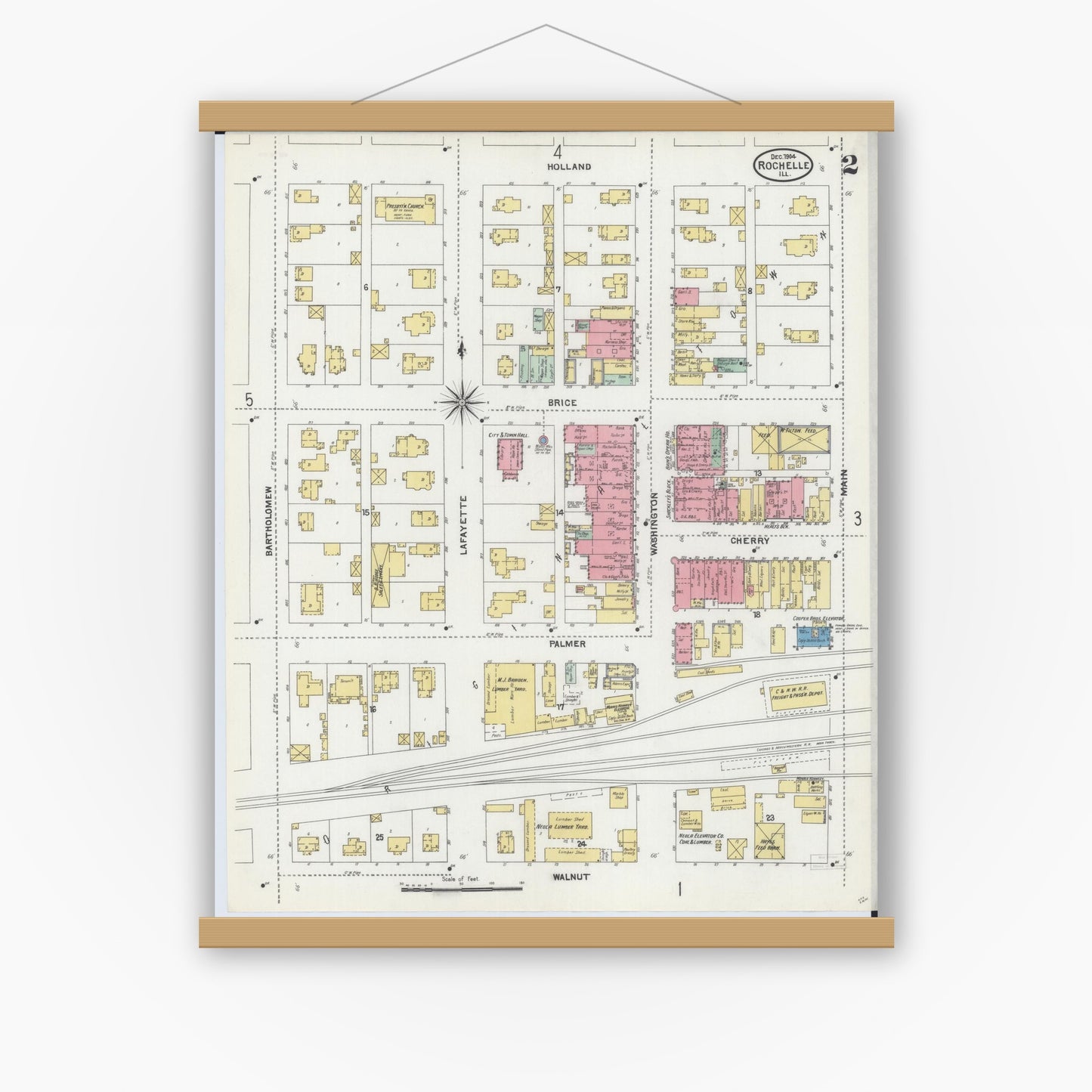 Old map wall art mockup — magnetic wood frame on white wall — Sanborn Fire Insurance Map from Rochelle, Ogle County, Illinois (1904), Sheet #0002