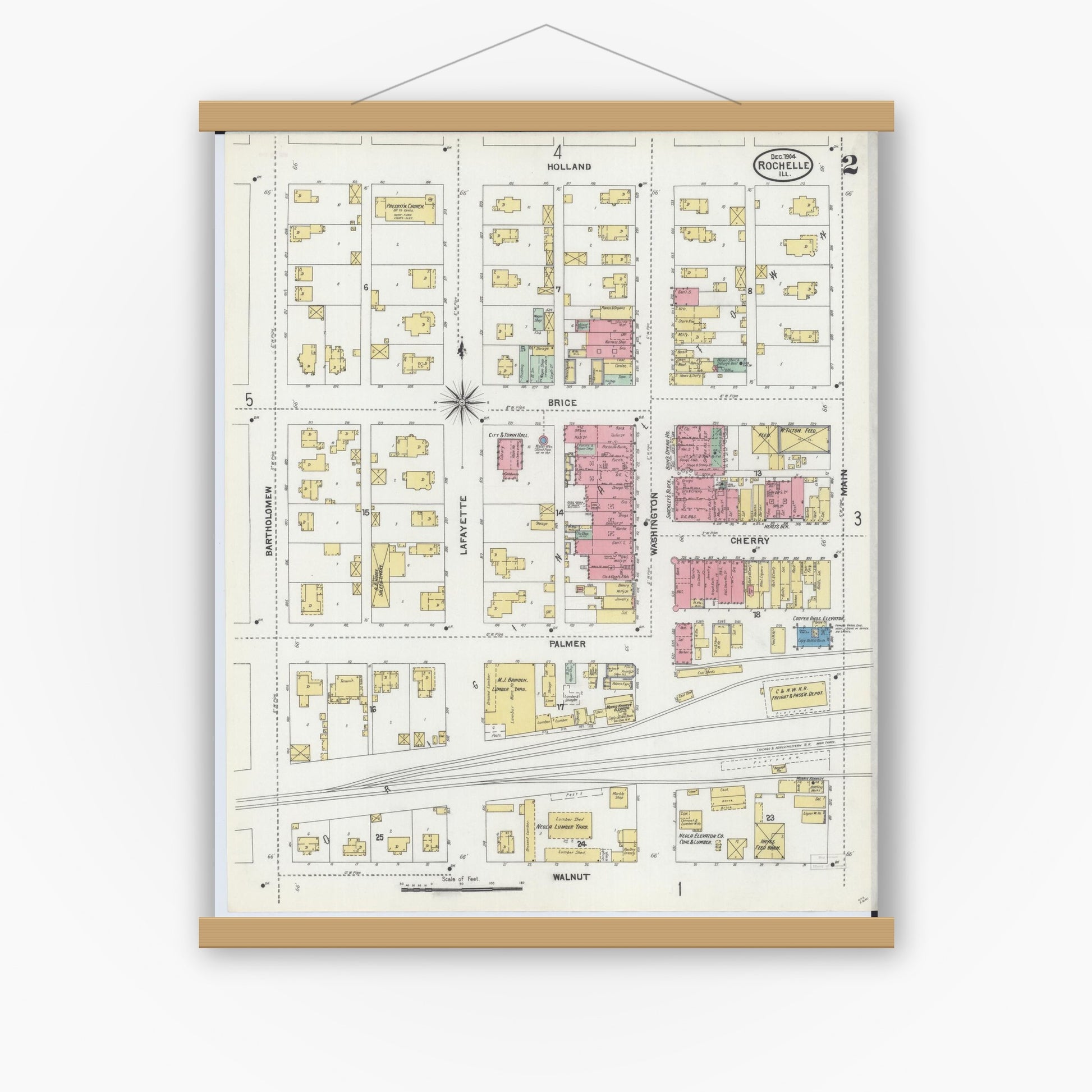 Old map wall art mockup — magnetic wood frame on white wall — Sanborn Fire Insurance Map from Rochelle, Ogle County, Illinois (1904), Sheet #0002