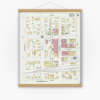 Old map wall art mockup — magnetic wood frame on white wall — Sanborn Fire Insurance Map from Rochelle, Ogle County, Illinois (1904), Sheet #0002