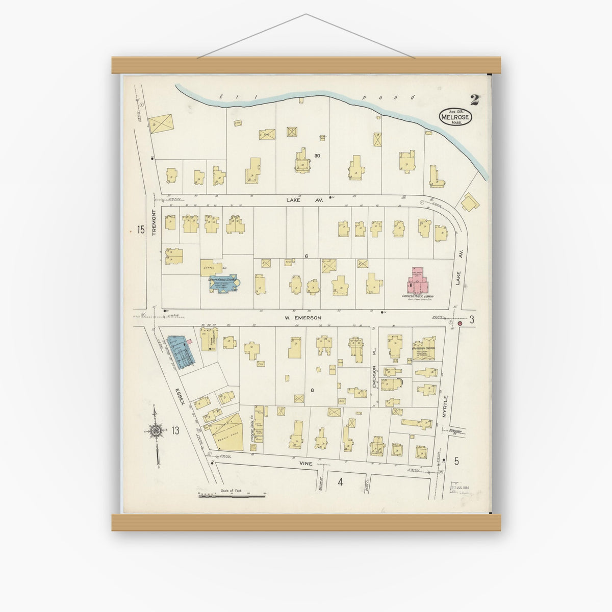 Old map wall art mockup — magnetic wood frame on white wall — Sanborn Fire Insurance Map from Melrose, Middlesex County, Massachusetts (1915), Sheet #0002
