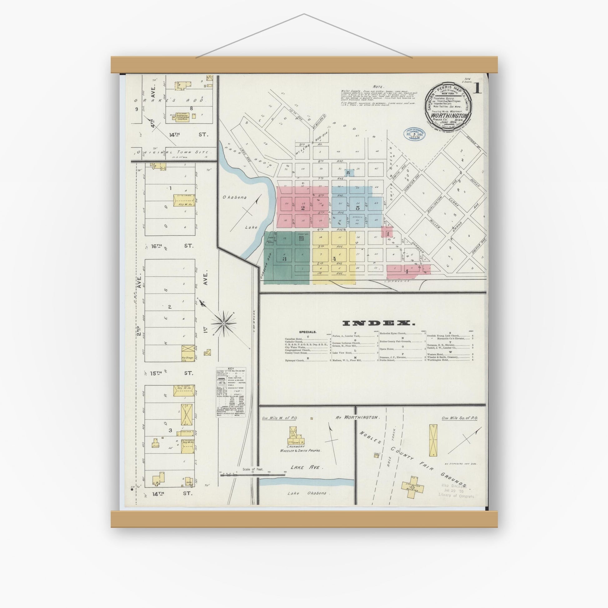 Old map wall art mockup — magnetic wood frame on white wall — Sanborn Fire Insurance Map from Worthington, Nobles County, Minnesota (1894) - Complete Map Set