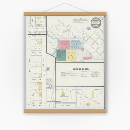 Old map wall art mockup — magnetic wood frame on white wall — Sanborn Fire Insurance Map from Worthington, Nobles County, Minnesota (1894) - Complete Map Set