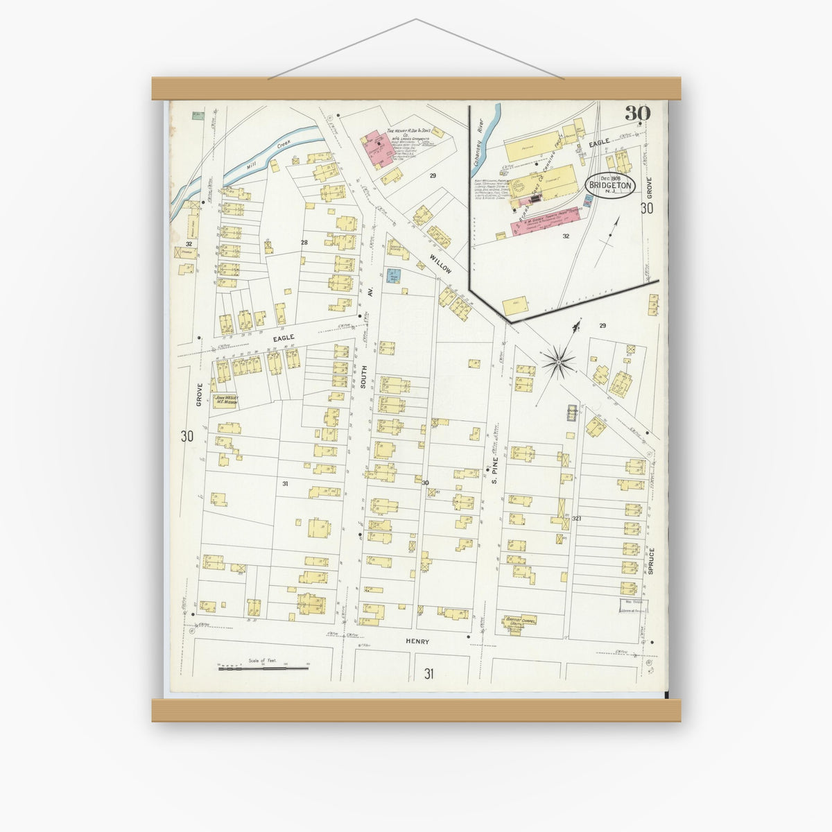 Old map wall art mockup — magnetic wood frame on white wall — Sanborn Fire Insurance Map from Bridgeton, Cumberland County, New Jersey (1908), Sheet #0030