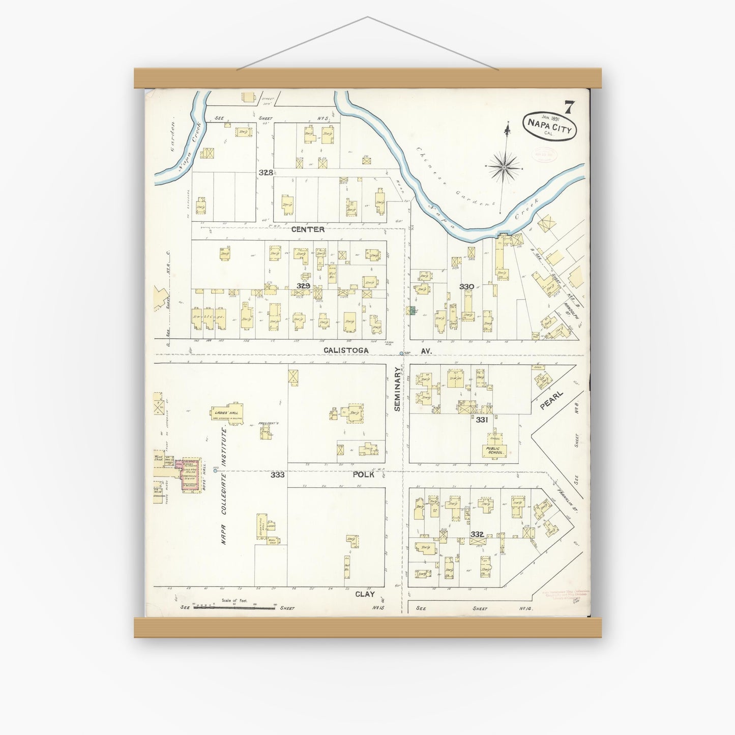 Old map wall art mockup — magnetic wood frame on white wall — Sanborn Fire Insurance Map from Napa, Napa County, California (1891), Sheet #0007