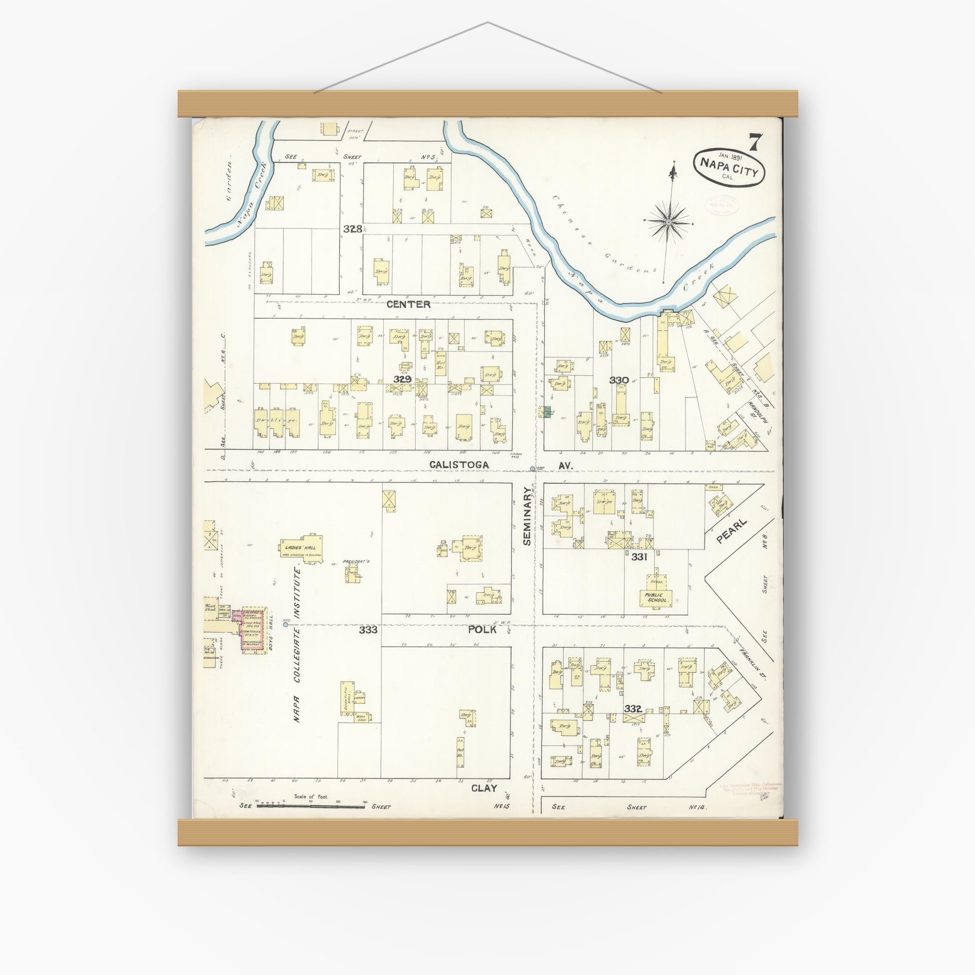 Old map wall art mockup — magnetic wood frame on white wall — Sanborn Fire Insurance Map from Napa, Napa County, California (1891), Sheet #0007