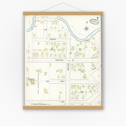 Old map wall art mockup — magnetic wood frame on white wall — Sanborn Fire Insurance Map from Napa, Napa County, California (1891), Sheet #0007