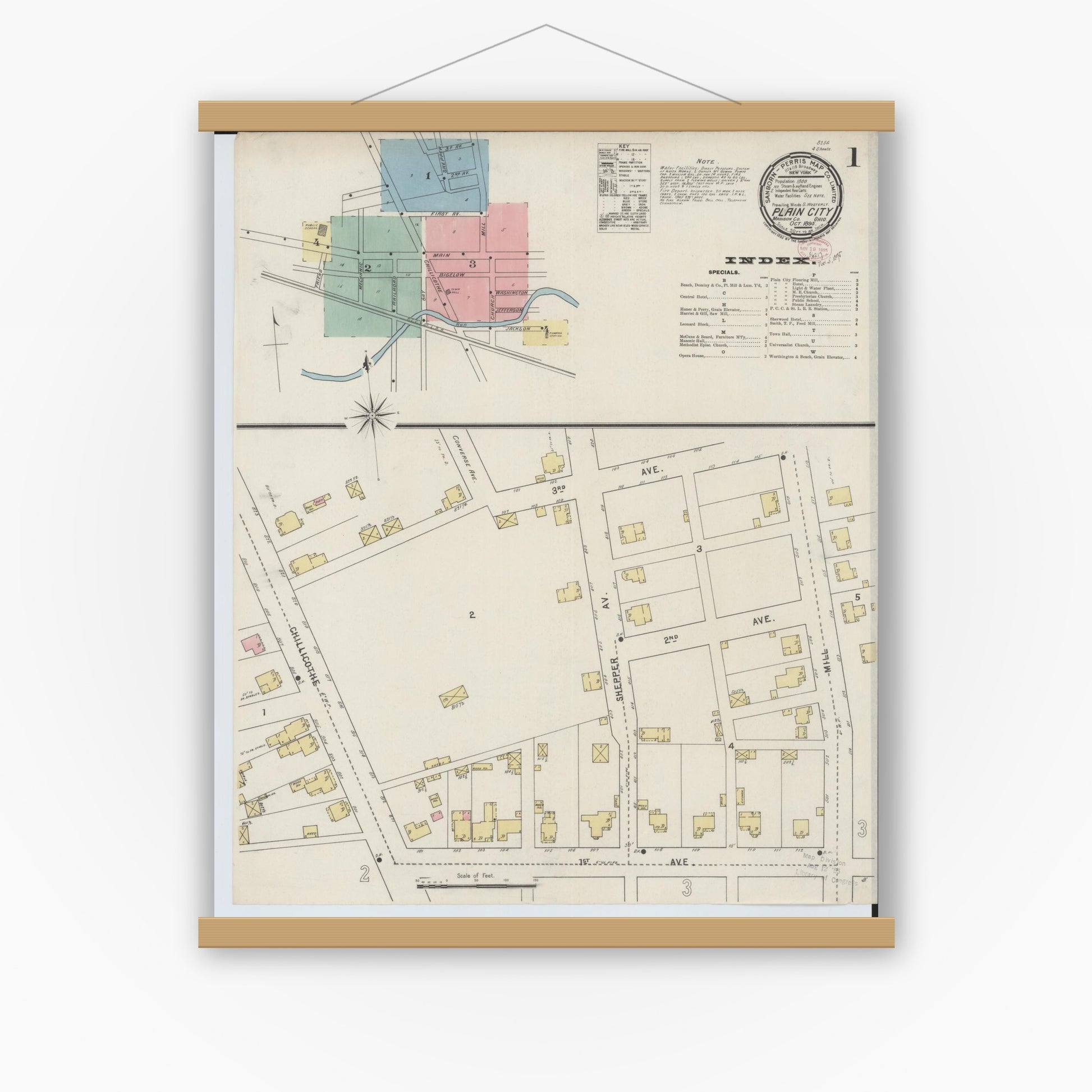 Old map wall art mockup — magnetic wood frame on white wall — Sanborn Fire Insurance Map from Plain City, Madison And Union Counties, Ohio (1895) - Complete Map Set