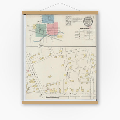 Old map wall art mockup — magnetic wood frame on white wall — Sanborn Fire Insurance Map from Plain City, Madison And Union Counties, Ohio (1895) - Complete Map Set