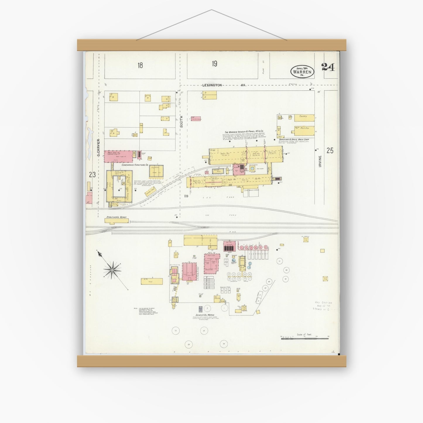 Old map wall art mockup — magnetic wood frame on white wall — Sanborn Fire Insurance Map from Warren, Warren County, Pennsylvania (1904), Sheet #0024