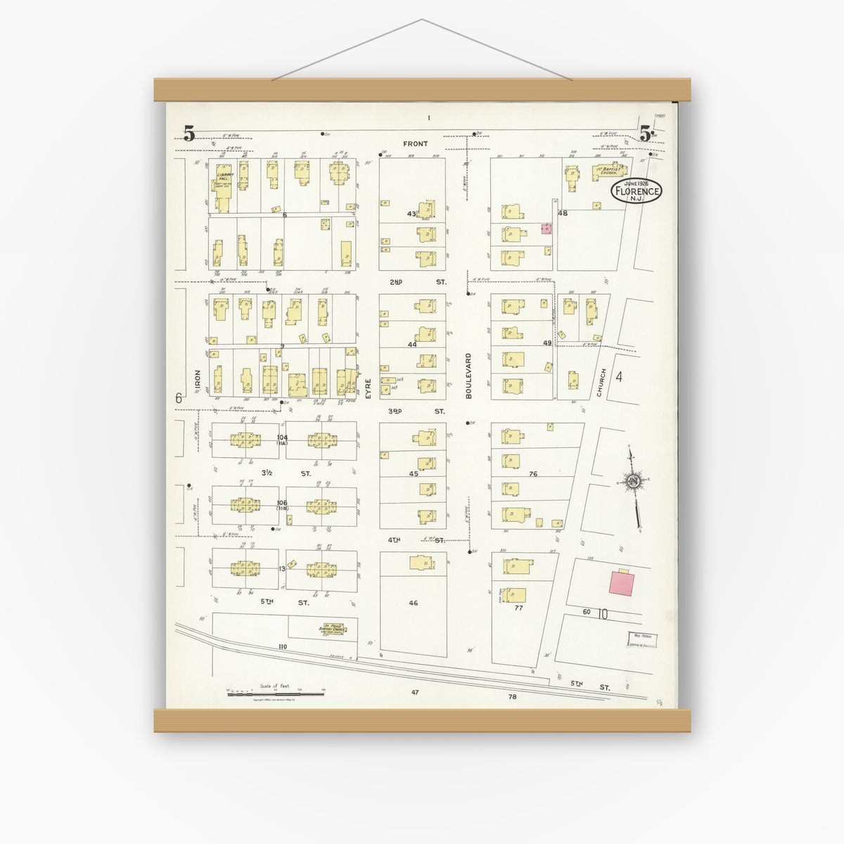 Old map wall art mockup — magnetic wood frame on white wall — Sanborn Fire Insurance Map from Florence, Burlington County, New Jersey (1926), Sheet #0005