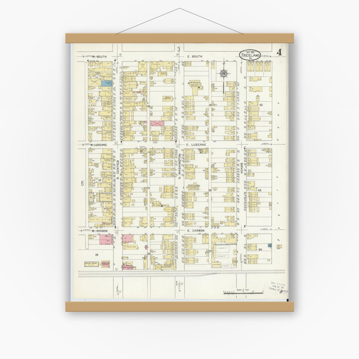 Old map wall art mockup — magnetic wood frame on white wall — Sanborn Fire Insurance Map from Freeland, Luzerne County, Pennsylvania (1912), Sheet #0004