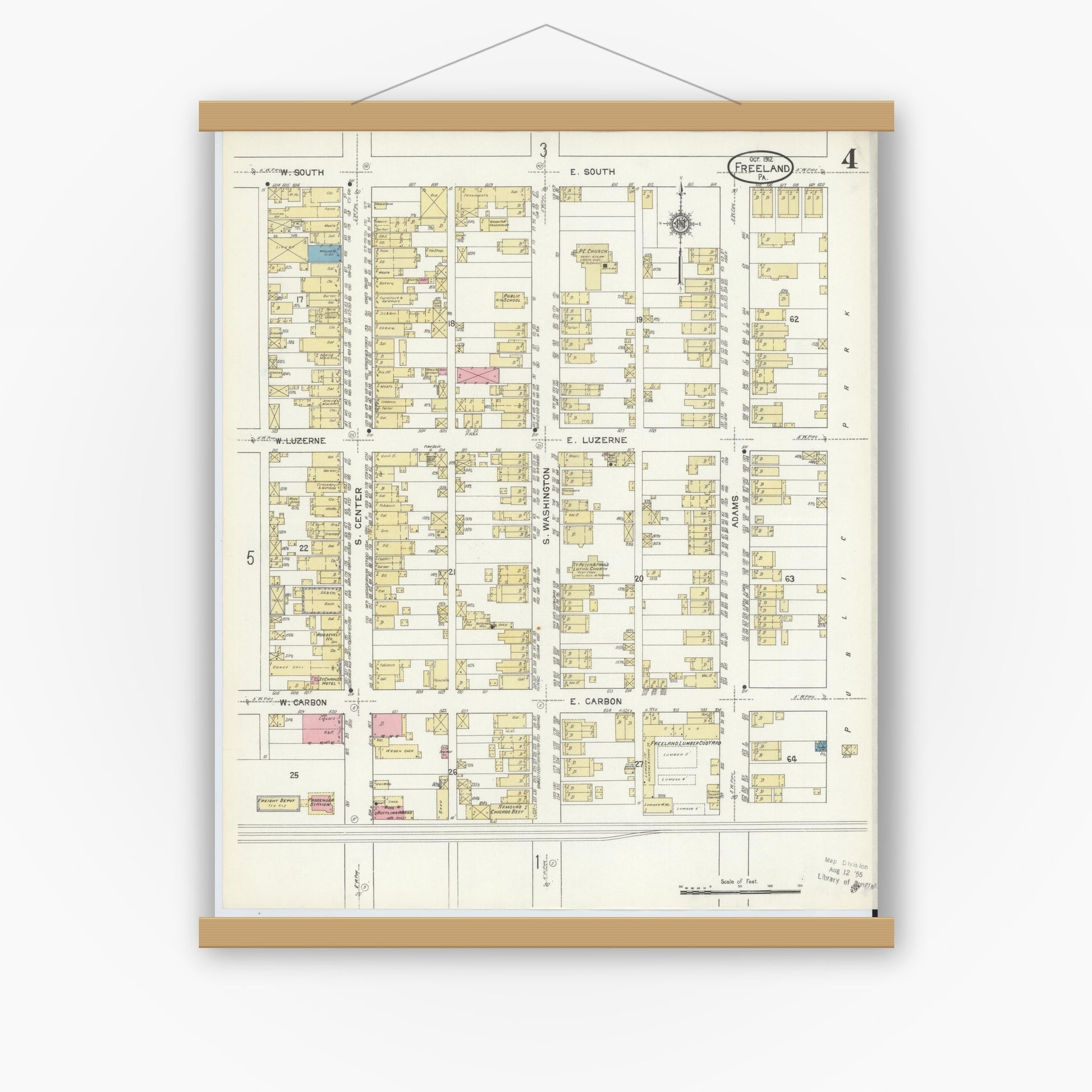 Old map wall art mockup — magnetic wood frame on white wall — Sanborn Fire Insurance Map from Freeland, Luzerne County, Pennsylvania (1912), Sheet #0004