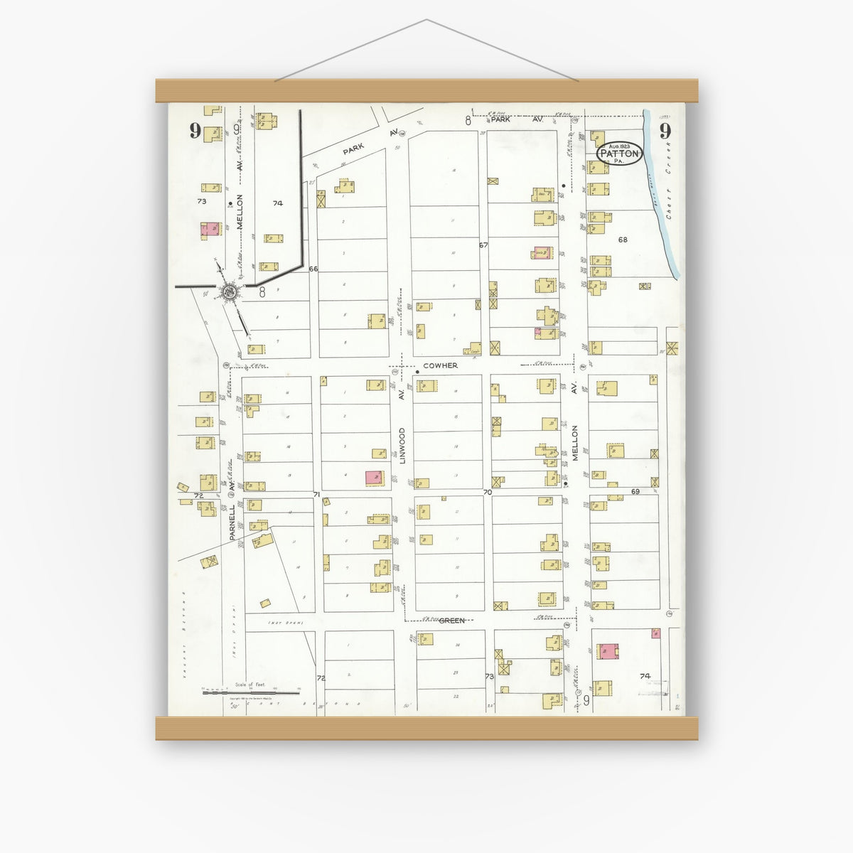 Old map wall art mockup — magnetic wood frame on white wall — Sanborn Fire Insurance Map from Patton, Cambria County, Pennsylvania (1923), Sheet #0009