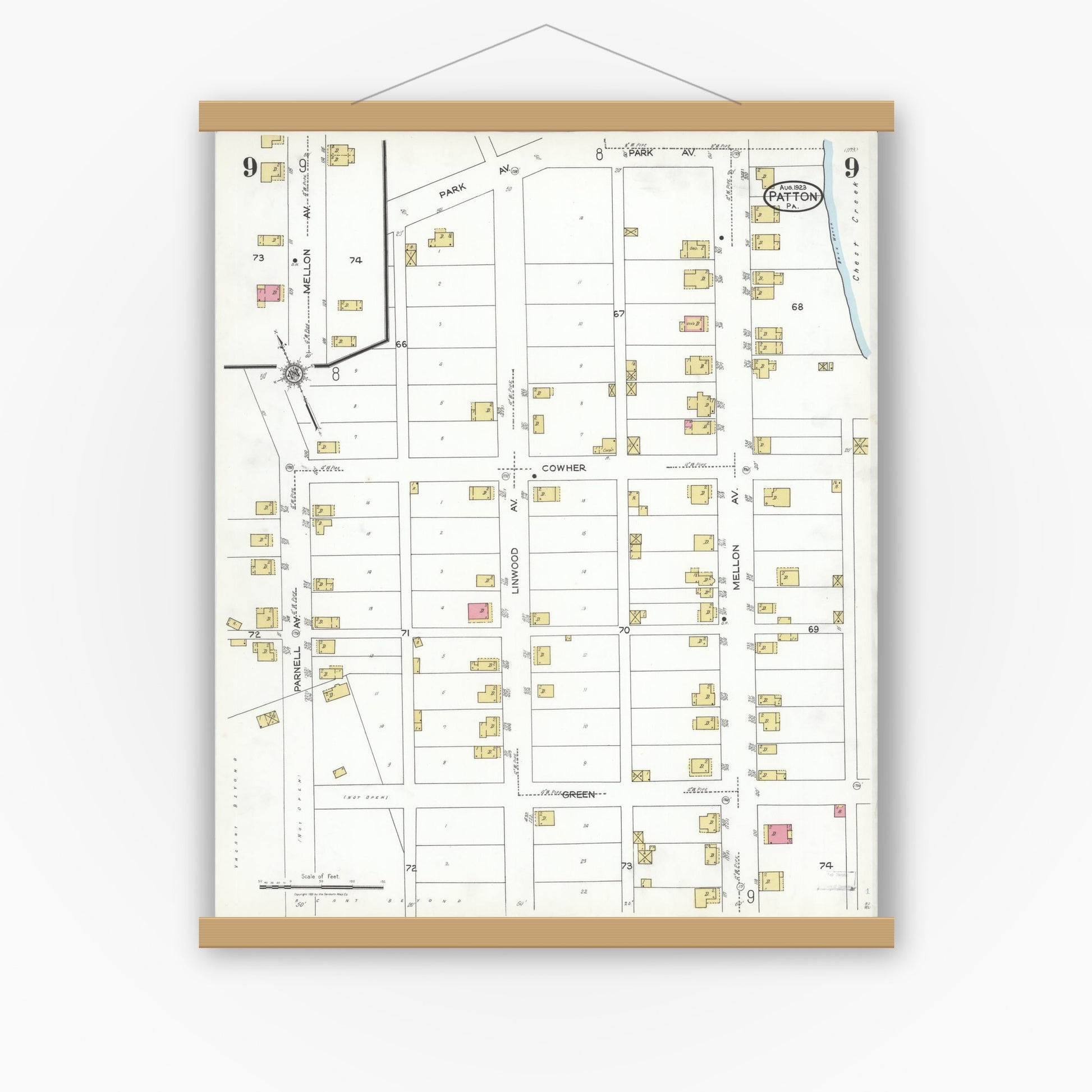 Old map wall art mockup — magnetic wood frame on white wall — Sanborn Fire Insurance Map from Patton, Cambria County, Pennsylvania (1923), Sheet #0009