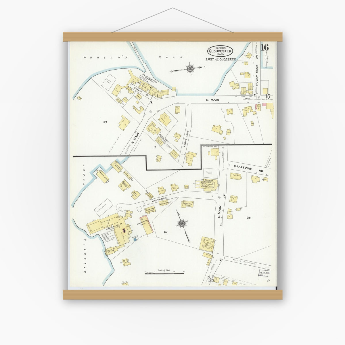 Old map wall art mockup — magnetic wood frame on white wall — Sanborn Fire Insurance Map from Gloucester, Essex County, Massachusetts (1909), Sheet #0016